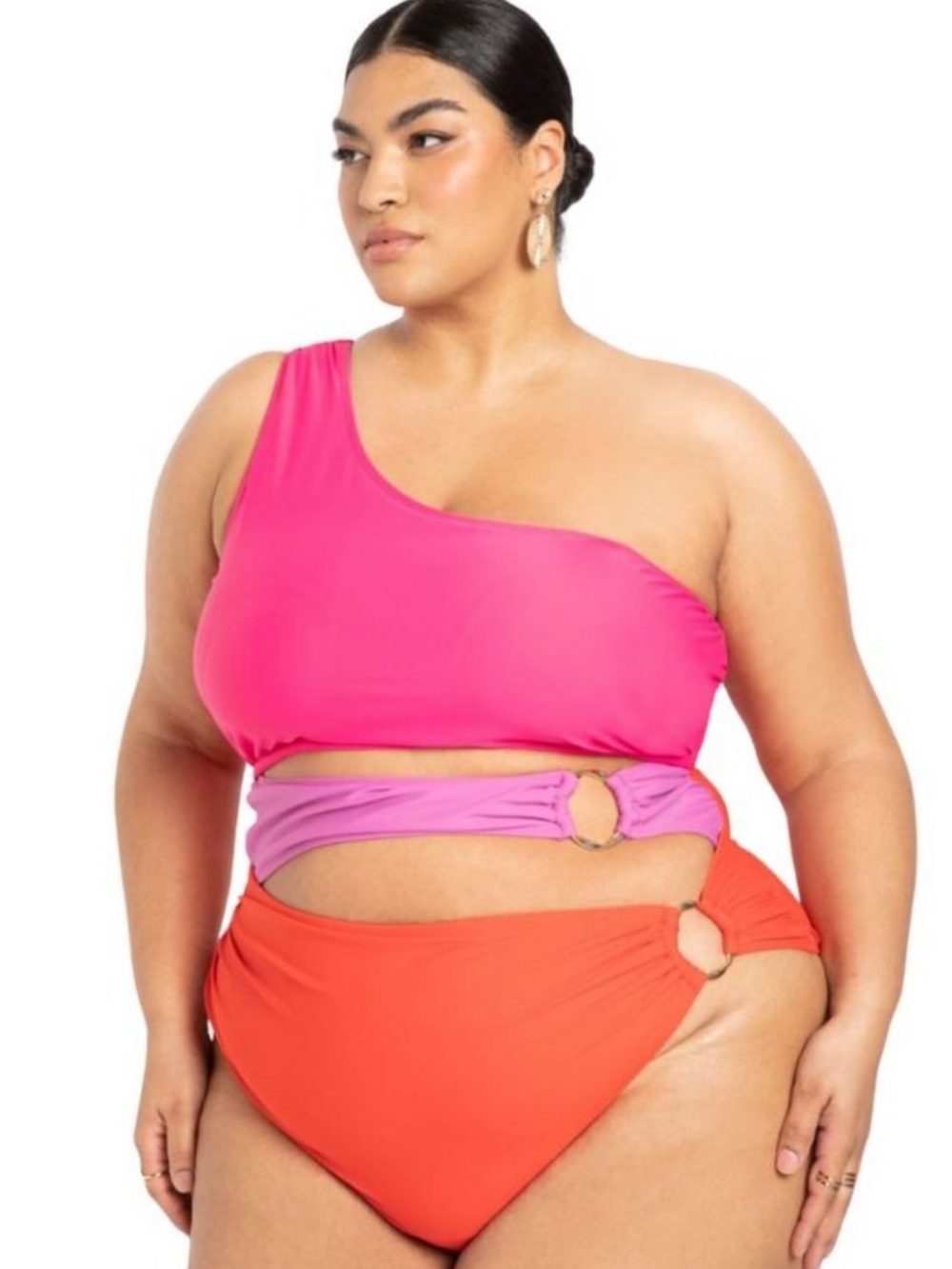 ELOQUII Swimsuit Sexy One Piece Color block Cut Out Poppy Red Hot Pink Lavender